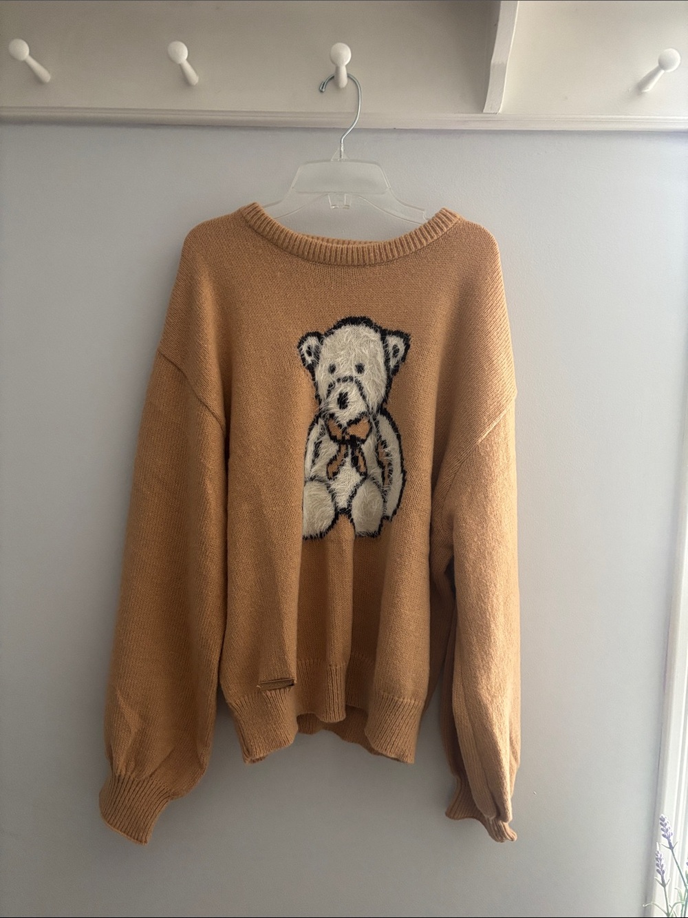 Simply Southern Camel Crewneck Sweater with Teddy Bear Motif
